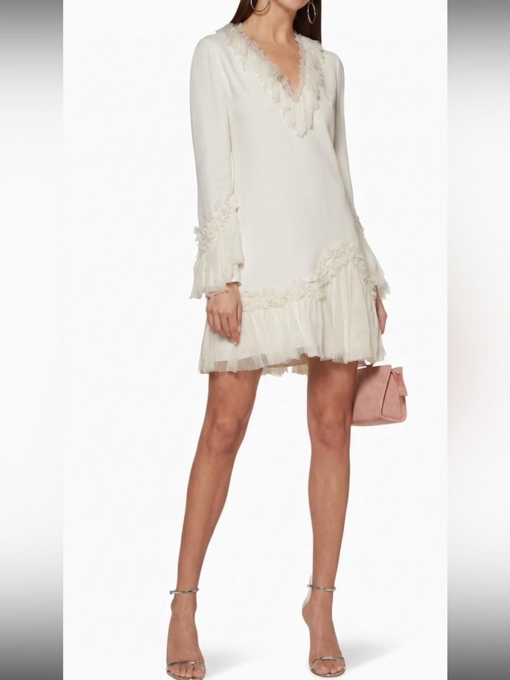 Alexis Barbara Azura Ivory Bell Long Sleeves V-Neck Ruffle Mini Dress Boho Sz M - Picture 15 of 16